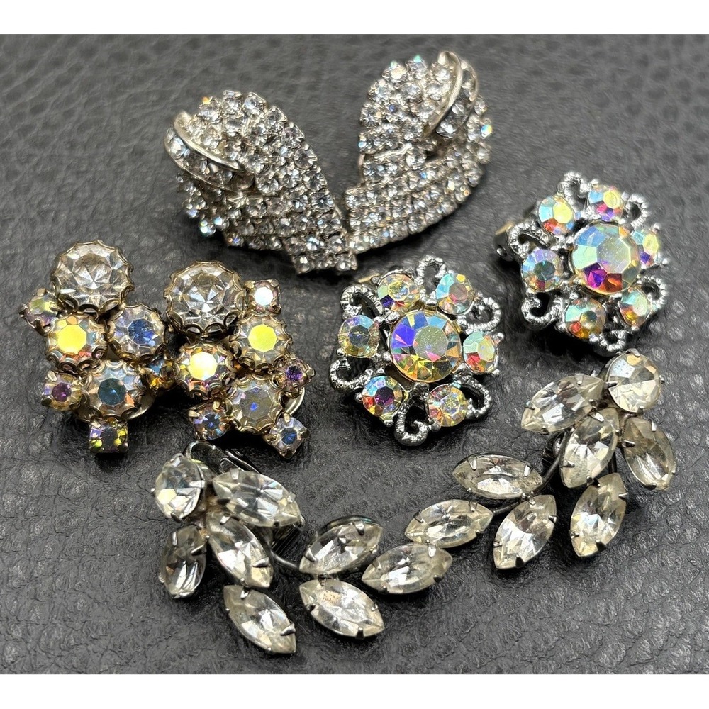 Vintage Lot of 4 Pairs of Rhinestone Clip Earrings Aurora Borealis Silver Tone
